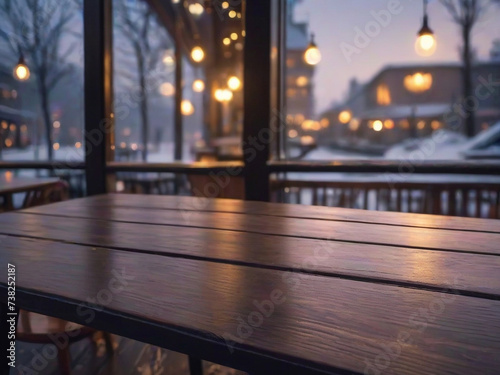 A wooden table in front of a window with a snowy night scene. ai generative