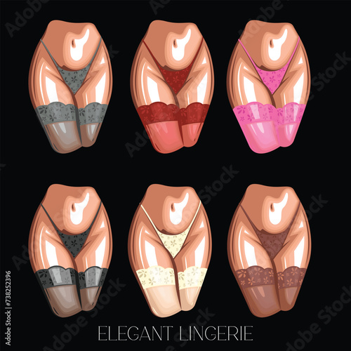 Sexy woman body wearing bikini and lace stockings front view. Women's sexy underwear. HAND DRAWN vector. Stockings and bikinis on athletic body. Lingerie Model Close up sexy female ass in bikini
