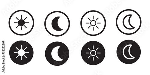 Day and night, dark and light modes. Screen modes icons set. Screen brightness and contrast level control icons.