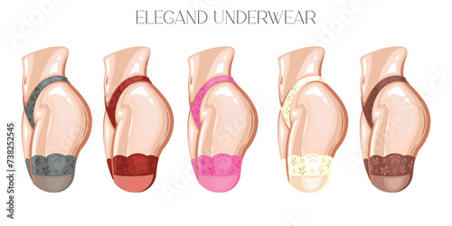 Sexy woman body wearing bikini and lace stockings side view. Women's sexy underwear. HAND DRAWN vector. Stockings and bikinis on athletic body. Lingerie Model Close up sexy female ass in bikini