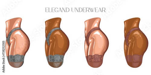 Sexy woman body wearing bikini and lace stockings side view. Women's sexy underwear. HAND DRAWN vector. Stockings and bikinis on athletic body. Lingerie Model Close up sexy female ass in bikini