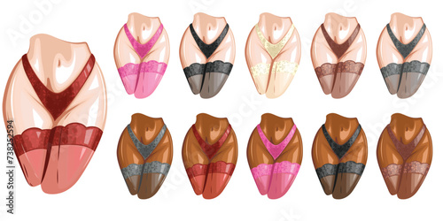 Sexy woman body wearing bikini and lace stockings side view. Women's sexy underwear. HAND DRAWN vector. Stockings and bikinis on athletic body. Lingerie Model Close up sexy female ass in bikini