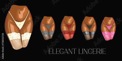 Sexy woman body wearing bikini and lace stockings front view. Women's sexy underwear. HAND DRAWN vector. Stockings and bikinis on athletic body. Lingerie Model Close up sexy female ass in bikini