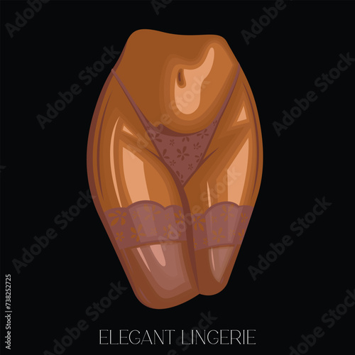 Sexy woman body wearing bikini and lace stockings front view. Women's sexy underwear. HAND DRAWN vector. Stockings and bikinis on athletic body. Lingerie Model Close up sexy female ass in bikini
