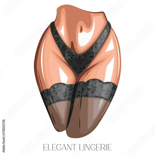 Sexy woman body wearing bikini and lace stockings front view. Women's sexy underwear. HAND DRAWN vector. Stockings and bikinis on athletic body. Lingerie Model Close up sexy female ass in bikini