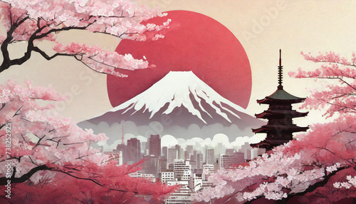 Travel blog illustration of japanese travel attractions. Rising sun as red circle flag. Mount Fuji background and Japan art style. Sakura, Pagoda foreground with cityscape in middle.