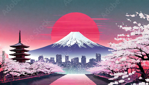 Synthwave 1980s travel blog illustration of japanese travel attractions. Rising sun as red circle flag. Mount Fuji background and Japan art style. Sakura, Pagoda foreground with cityscape in middle. photo