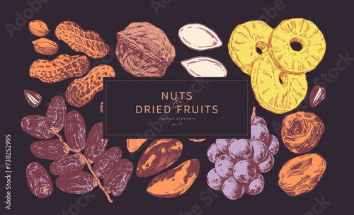 Nuts and dried fruits hand drawn illustrations. Background design template