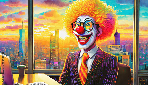 Colourful illustration of the office joker dressed as a clown, could depict happy workplace or toxic workplace depending on relationship with colleagues. Vibrant office environment and lifestyle photo
