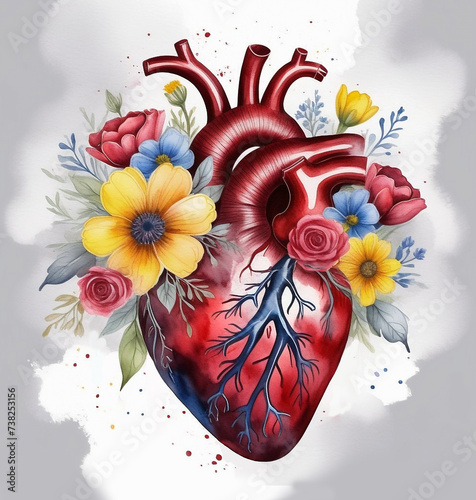 Anatomically realistic human heart with yellow and blue flowers around it on watercolor gray background.	