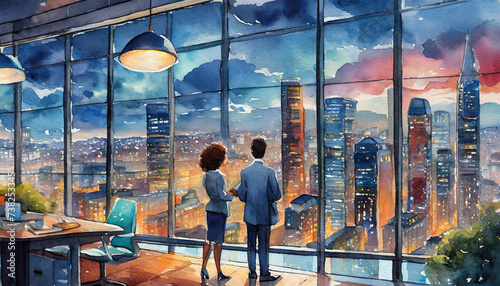 Watercolor illustration of happy office life: Male and female colleagues dressed smartly and smiling looking out of a high rise window across cityscape. Established professionals workplace romance photo