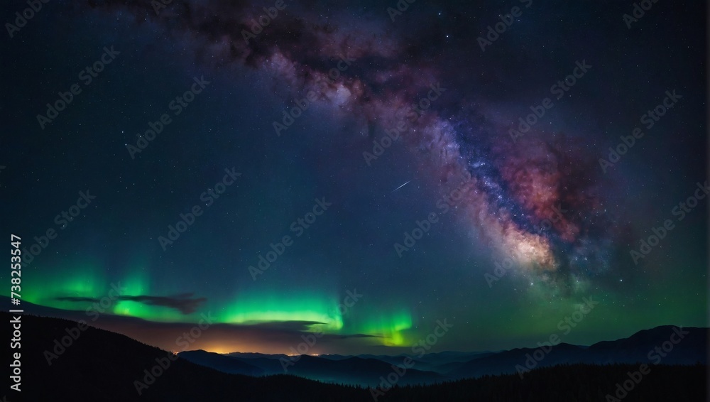 Enchanting 4K wallpaper featuring a fantasy night sky, galaxy, and aurora.