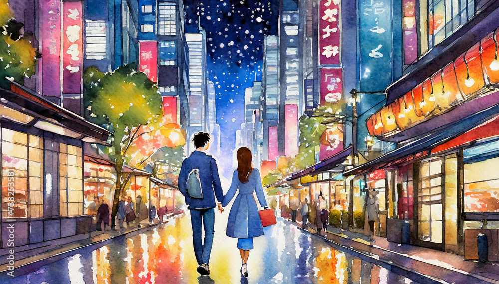 A romantic couple on holiday walk away while holding hands centrally in a popular tourist city at night with bright lights, vibrant colours, stars and destinations in background. Leading lines. Japan - obrazy, fototapety, plakaty 