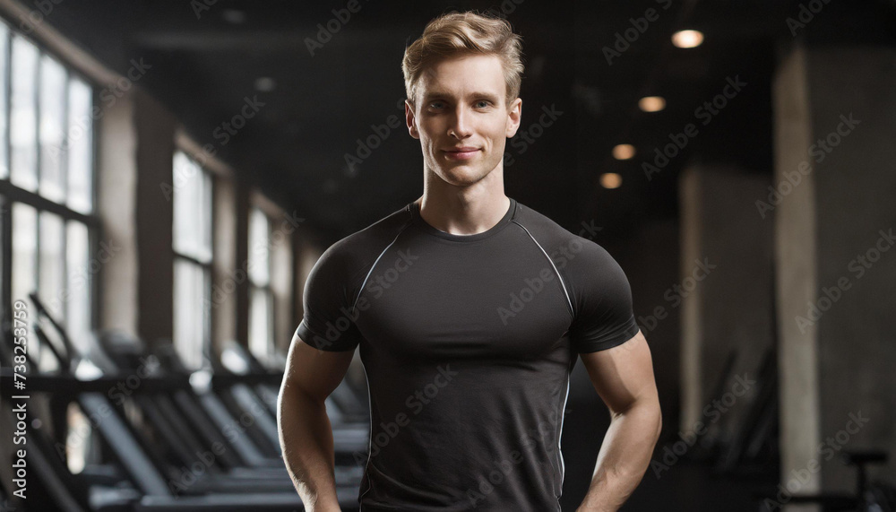 A physically fit beautiful man stands centrally looking at camera with arms to the side. Wearing black with athletic muscles and perfect body image. Dark mood lighting with gym backdrop. blonde hair
