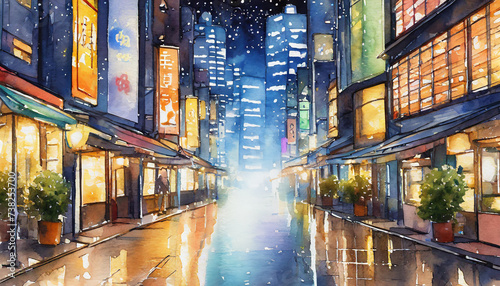 Watercolor painting illustration of a japanese cityscape at night with leading lines, modern and traditional elements with neon colours and signs photo