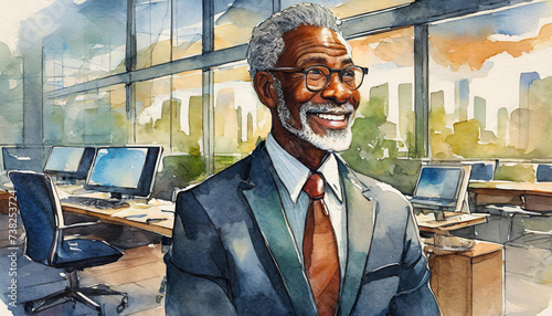 An elderly black man wearing glasses smiles at the camera in an office environment. Dressed professionally in a suit shirt, tie and blazer. Corporate business executive watercolor illustration photo