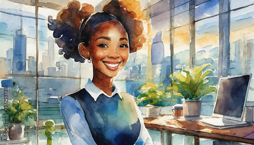 Watercolor illustration of happy office life: A young black businesswoman smiling, dressed smartly in business attire In an office environment. Career development, graduate, intern, apprentice role photo