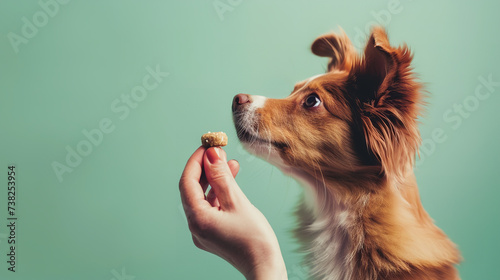 A beautiful red young dog or puppy is given a treat for exercise. Portrait, close up. Dog training concept on light green background with space for text