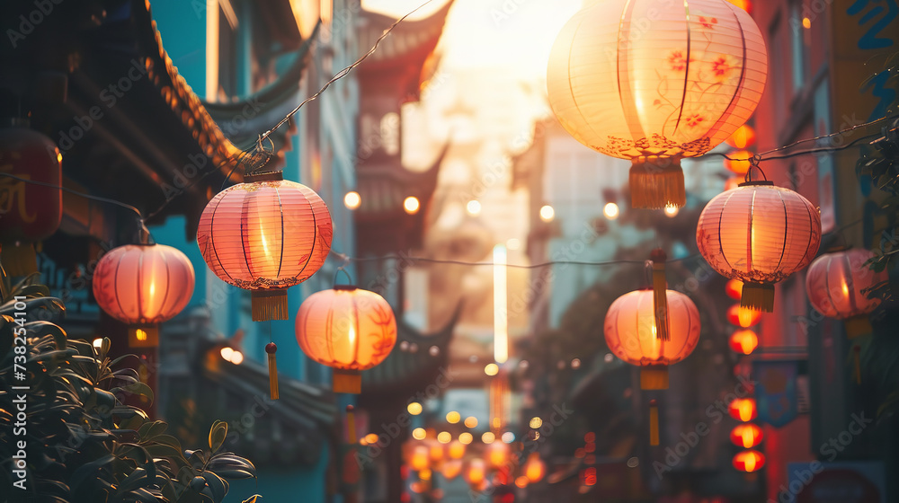 A vibrant Chinatown with hanging lanterns