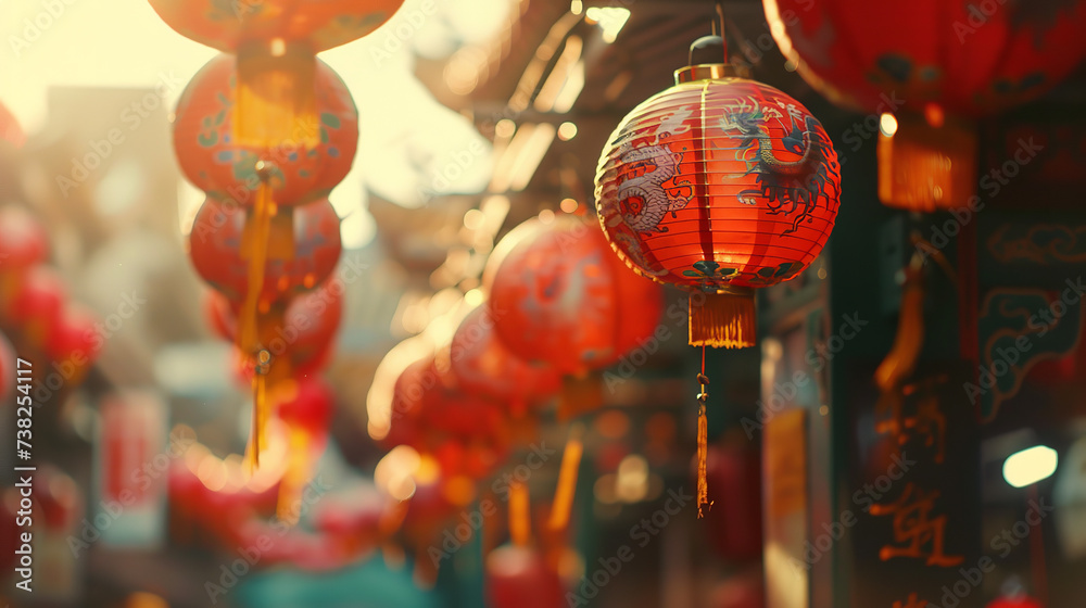 A vibrant Chinatown with hanging lanterns - obrazy, fototapety, plakaty 