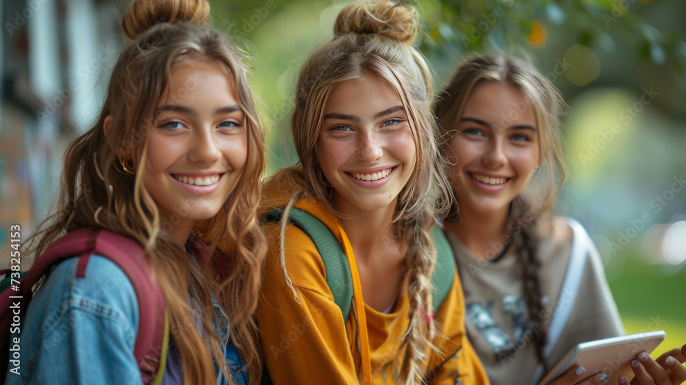 multiracial group of three teenage girls with unretouched skin chatting happily sitting on a bench outside the university campus.generative ai multiracial group of three teenage girls with unretouched skin chatting happily sitting on a bench outside the university campus.generative ai