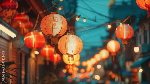 A vibrant Chinatown with hanging lanterns
