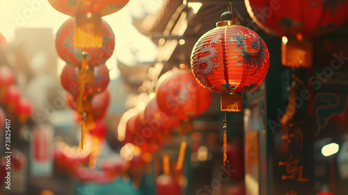 A vibrant Chinatown with hanging lanterns photo