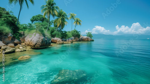 a tropical beach with palm trees and rocks in the water