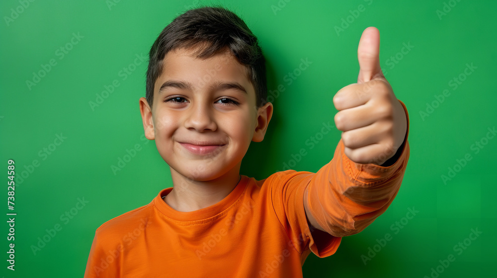 photo of boy showing sign thumbs-up with his hand on green background photo of boy showing sign thumbs-up with his hand on green background