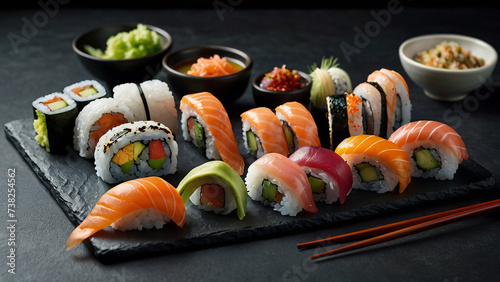 Sushi set on black stone background. Sushi rolls with salmon, tuna, avocado, cucumber, cream cheese, wasabi and ginger.