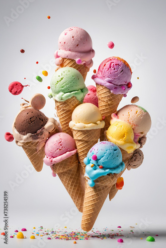 ice cream scoops of different colors and flavors in waffle cones
