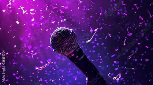 photo of microphone in ultraviolet light on a black background and flying notes