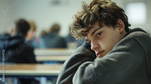 photo of sad teenager sitting alone in class