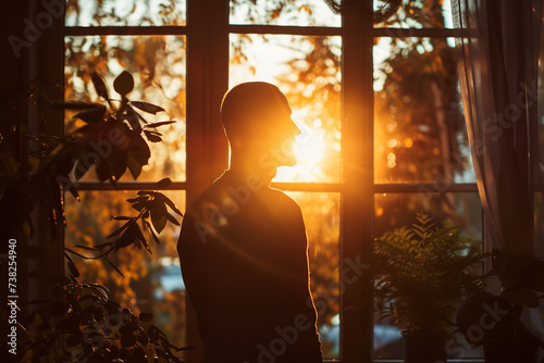 silhouetted man in front of window at sunset