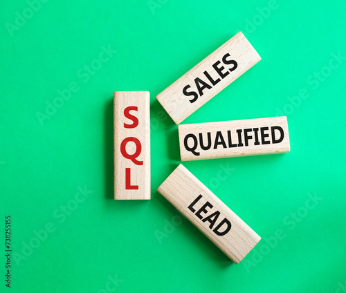 SQL - Sales Qualified Lead. Wooden cubes with words SQL. Beautiful green background. Business and SQL concept. Copy space.