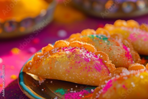 A close-up view of traditional Holi delicacies like gujiya and thandai, decorated with vibrant edible colors