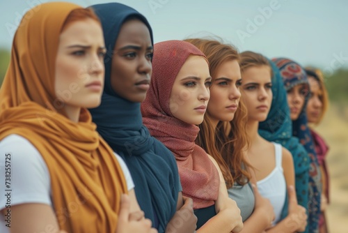 A diverse group of women from different cultures and backgrounds, hand-in-hand, symbolizing unity and shattering societal limitations