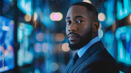 A portrait of a black male working in the office in cybersecurity.