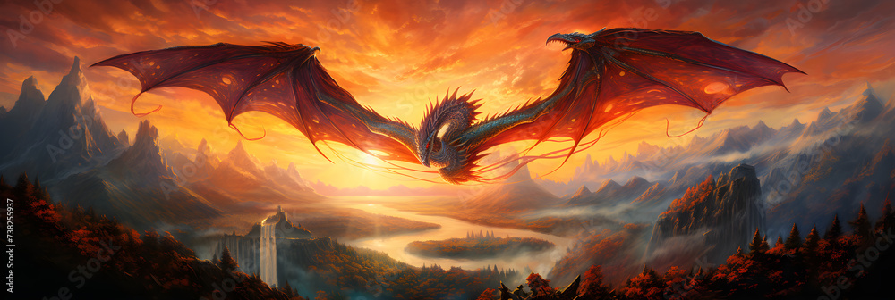 Magnificent Dragon Soaring in Azure Sky: A Sublime Interweaving of Myth and Spectacle - obrazy, fototapety, plakaty 