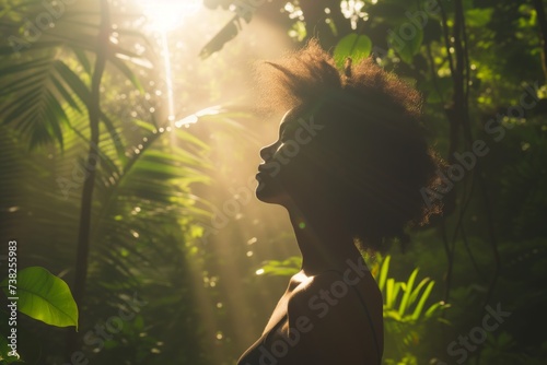 A woman standing tall amidst a lush forest, sunlight filtering through the leaves