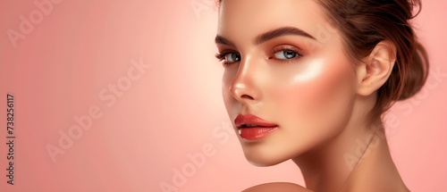 A close-up portrait of a young female model with makeup on a pink background.