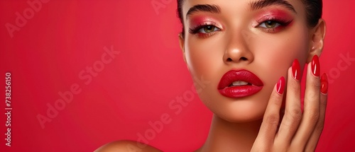 A portrait of a female model with makeup, red lips, and red fingernails, red background. Manicure, cosmetics, makeup concept.