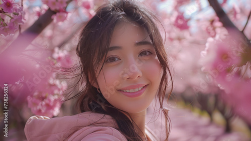 asian girl taking a selfie in a cherry blossom garden on a spring day Rows of cherry trees in Kyoto Japan,generative ai