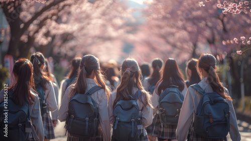 hight school girl Walking in a cherry blossom garden on a spring day Rows of cherry trees in Kyoto Japan,generative ai photo