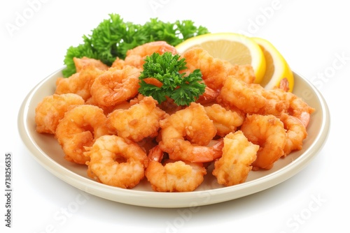 Crunchy breaded battered and fried shrimp on plate on white background