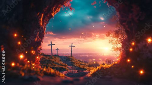 Three crosses silhouetted on a hill at night, capturing the beauty of resurrection photo