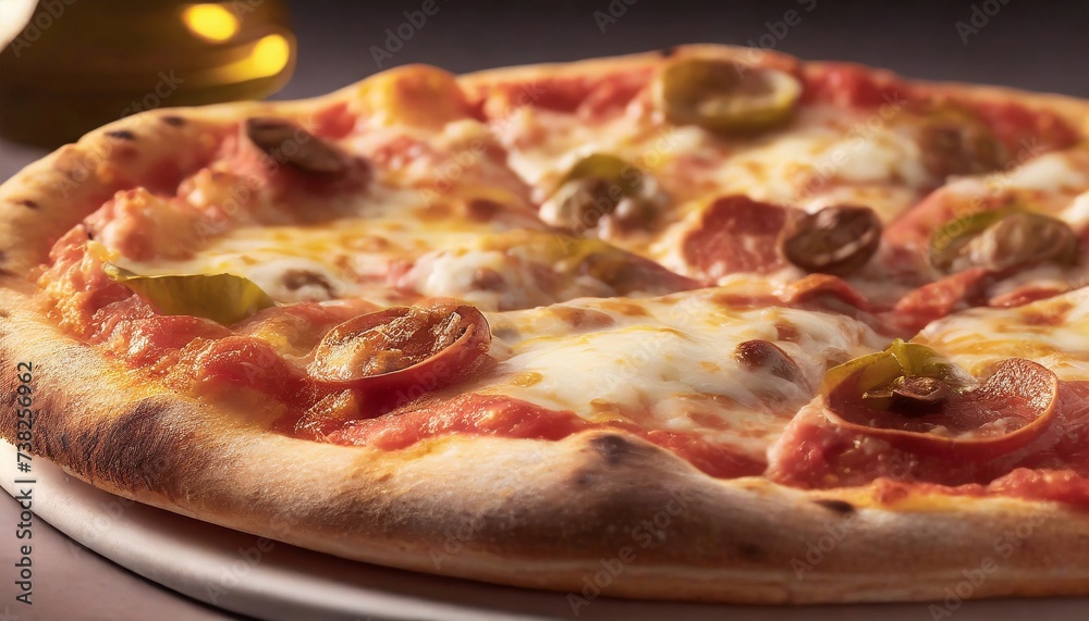 Close-up shot of freshly-baked pizza with sausage. Tasty fast food.