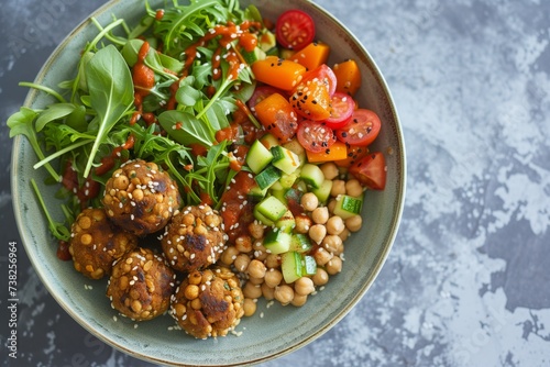 Fried meatless plant based balls in plate, home made with vegetables, chickpeas, soy and proteins, vegan life
