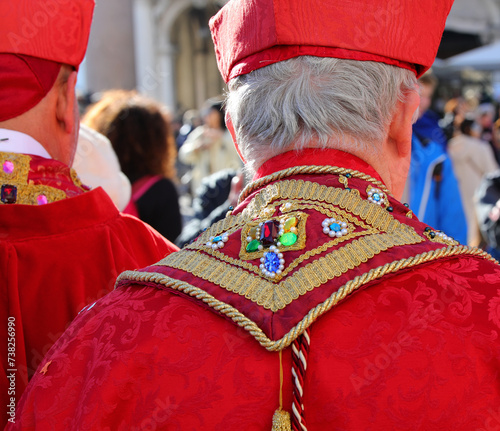 Картината върху платно Venice, VE, Italy - February 13, 2024: priest with red cassock and precious ston