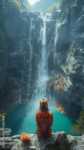 girl is sitting on the edge of a cliff watching a huge waterfall with her dog,generative ai